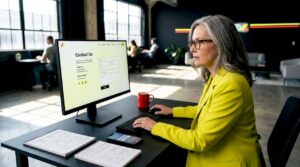 Owner reviewing contact page in office